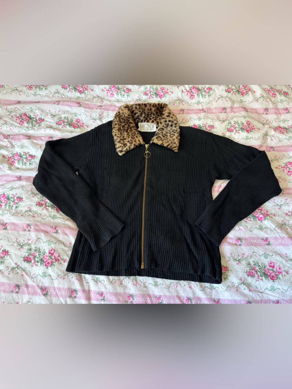 MCNY *VINTAGE* Black Ribbed Zip Jacket with Leopard Faux-Fur Collar